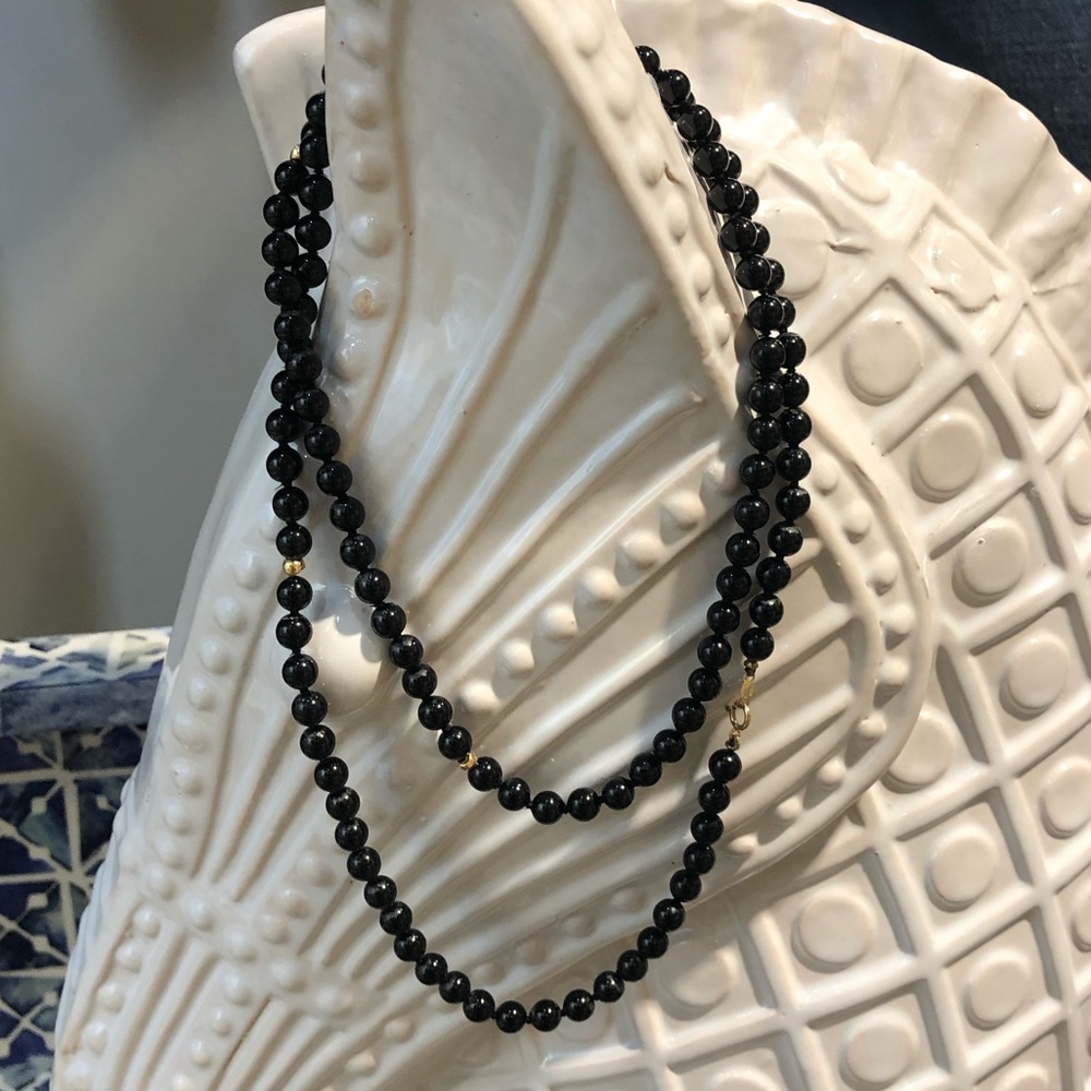 14k gold and 6 mm natural onyx long necklace